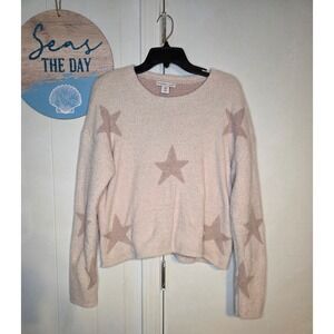 Sincerely Jules Star Print Fuzzy Knit Sweater Cream Beige Celestial Pullover M